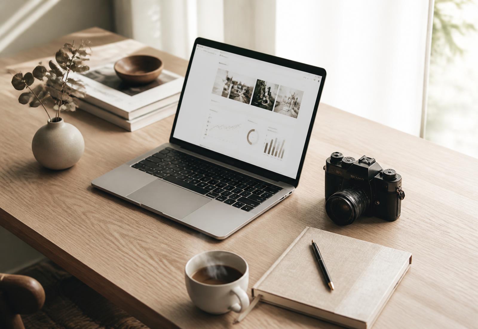 A quiet photographer's desk in morning light: laptop, camera, notebook and coffee